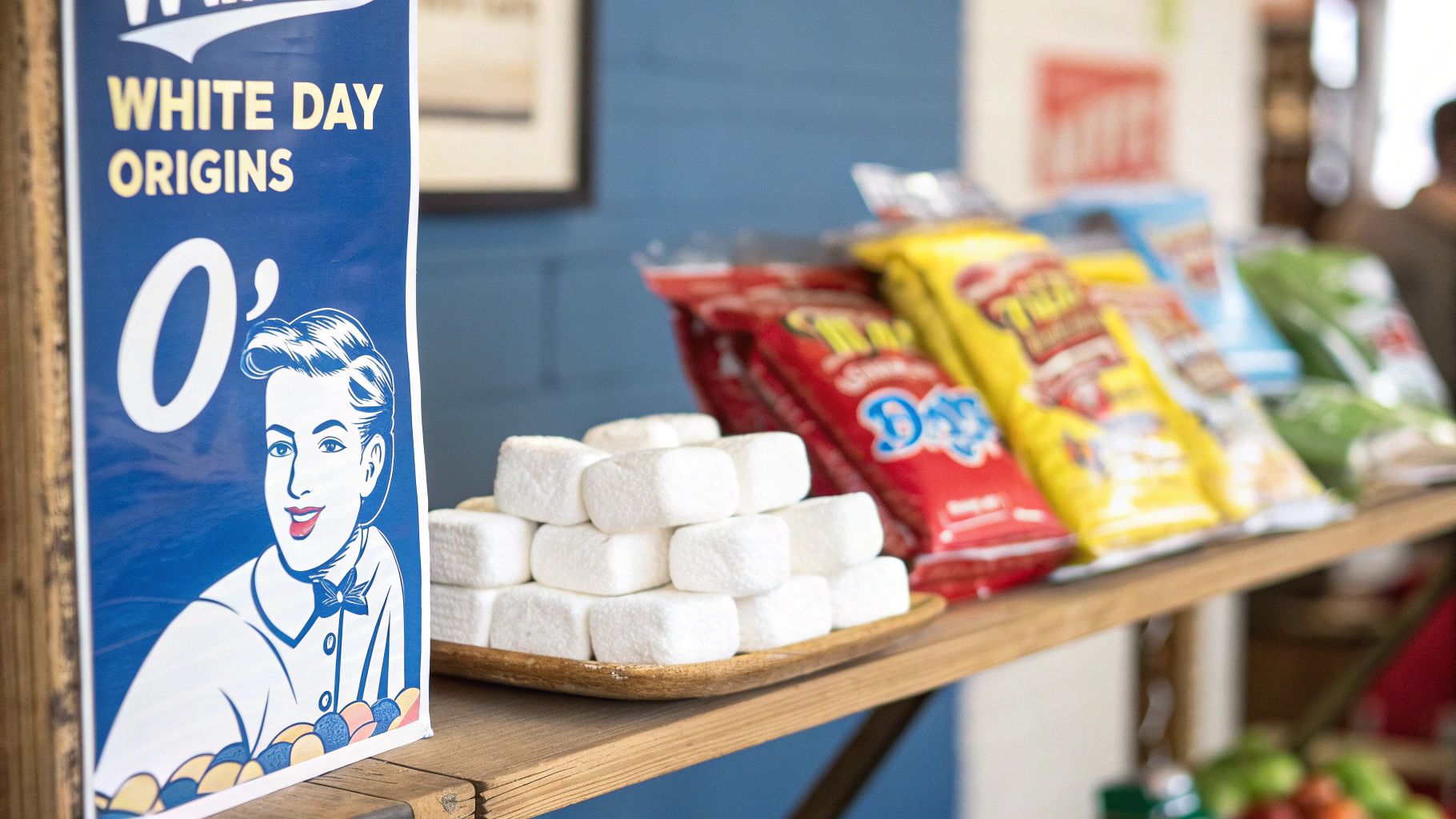 A blue sign promoting 'White Day Origins' next to a stack of white marshmallows and colorful snack bags on a wooden shelf.