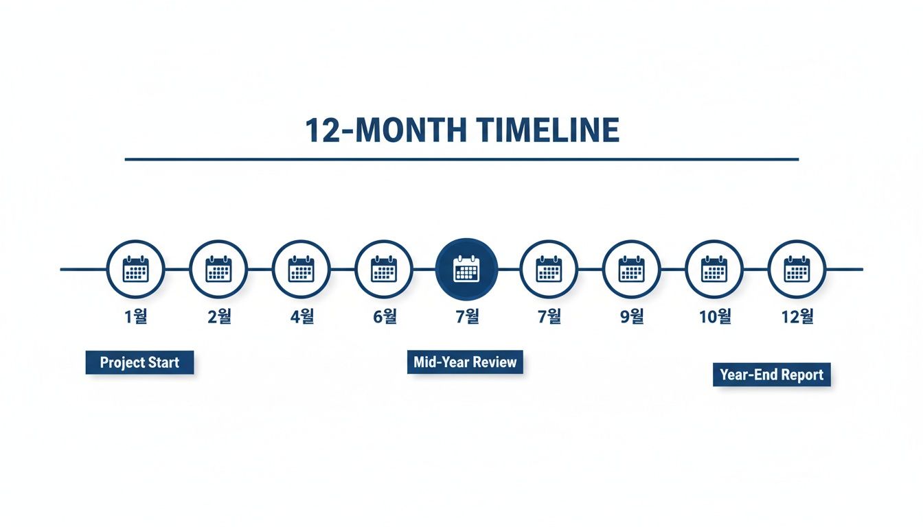 A detailed 12-month project timeline with key milestones like project start, mid-year review, and year-end report.