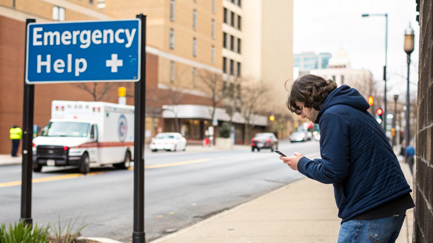 A man looks at his phone on a city street beside an "Emergency Help" sign and an ambulance.