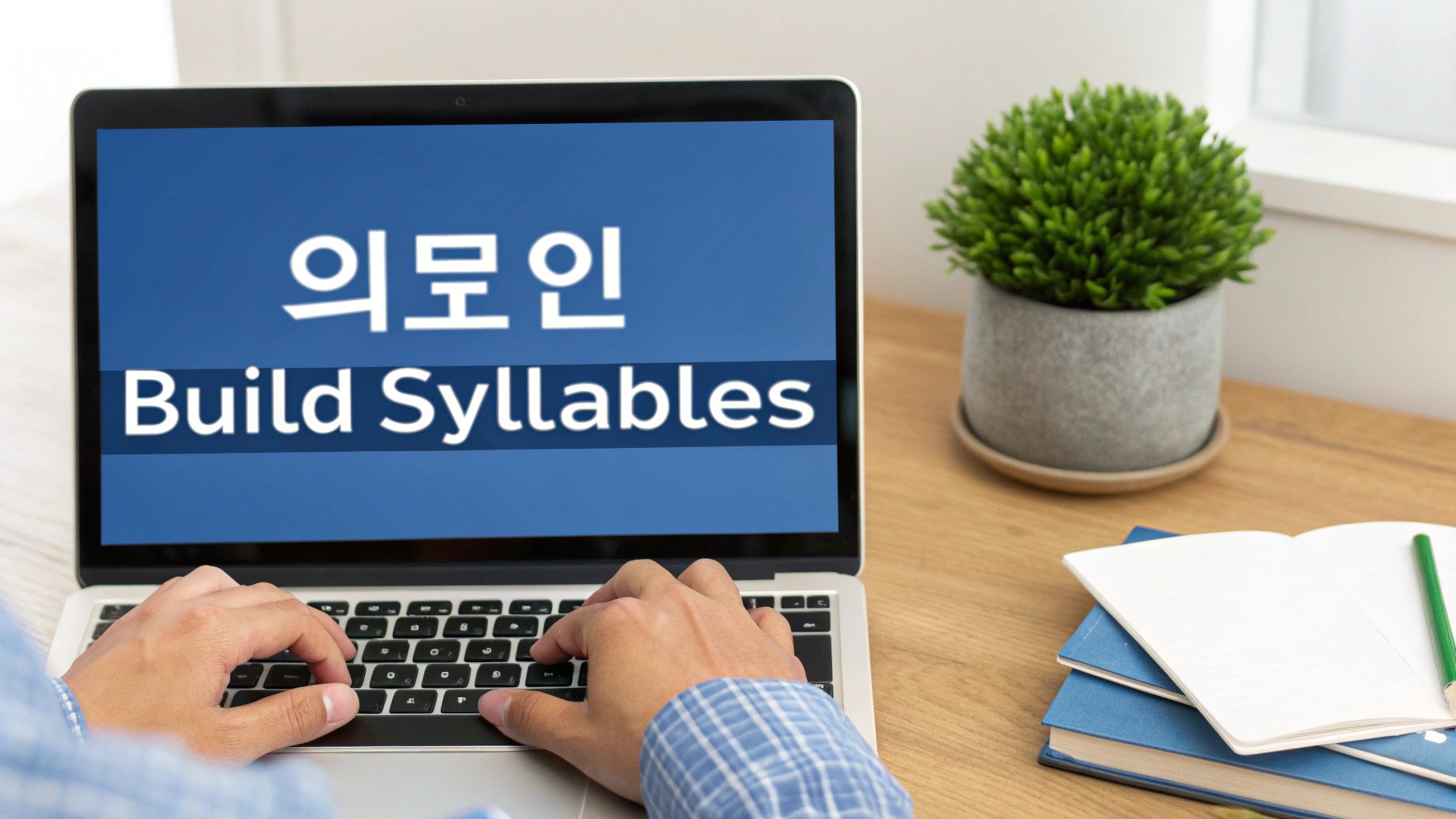 Person typing on a laptop displaying Korean text and 'Build Syllables' on a blue screen.