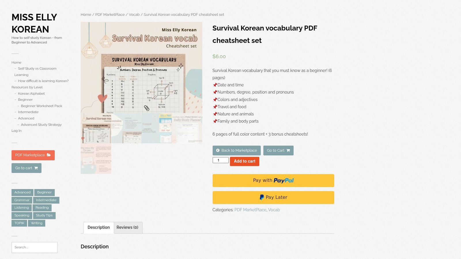 A visually appealing cheat sheet from Miss Elly Korean with categories like numbers and days of the week, featuring both Hangul and Romanisation.