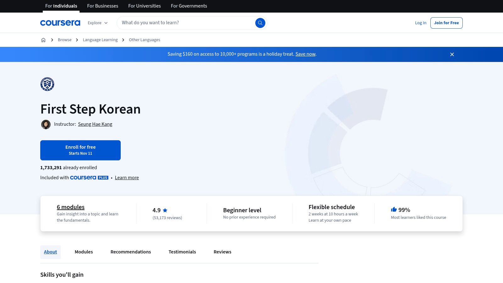 A screenshot of the Coursera platform showing the landing page for Yonsei University's "First Step Korean" course.