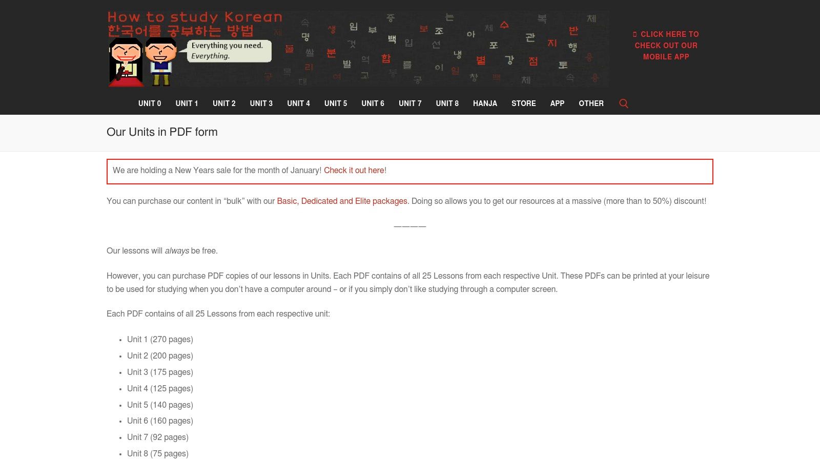 A screenshot of the HowToStudyKorean website showing the PDF units available for purchase, with clear labels for Unit 1, Unit 2, etc.