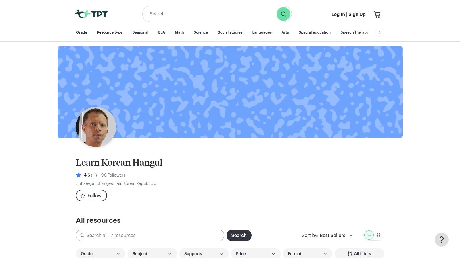 A screenshot of the Teachers Pay Teachers website showing a seller's profile page with various Korean language learning resources available for purchase.