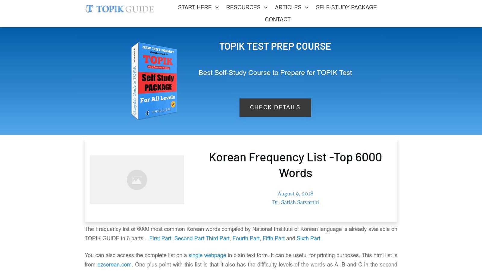 A screenshot of the TOPIK GUIDE website showing its 6,000 Korean Words Frequency List, with columns for the Korean word, English meaning, and difficulty level.
