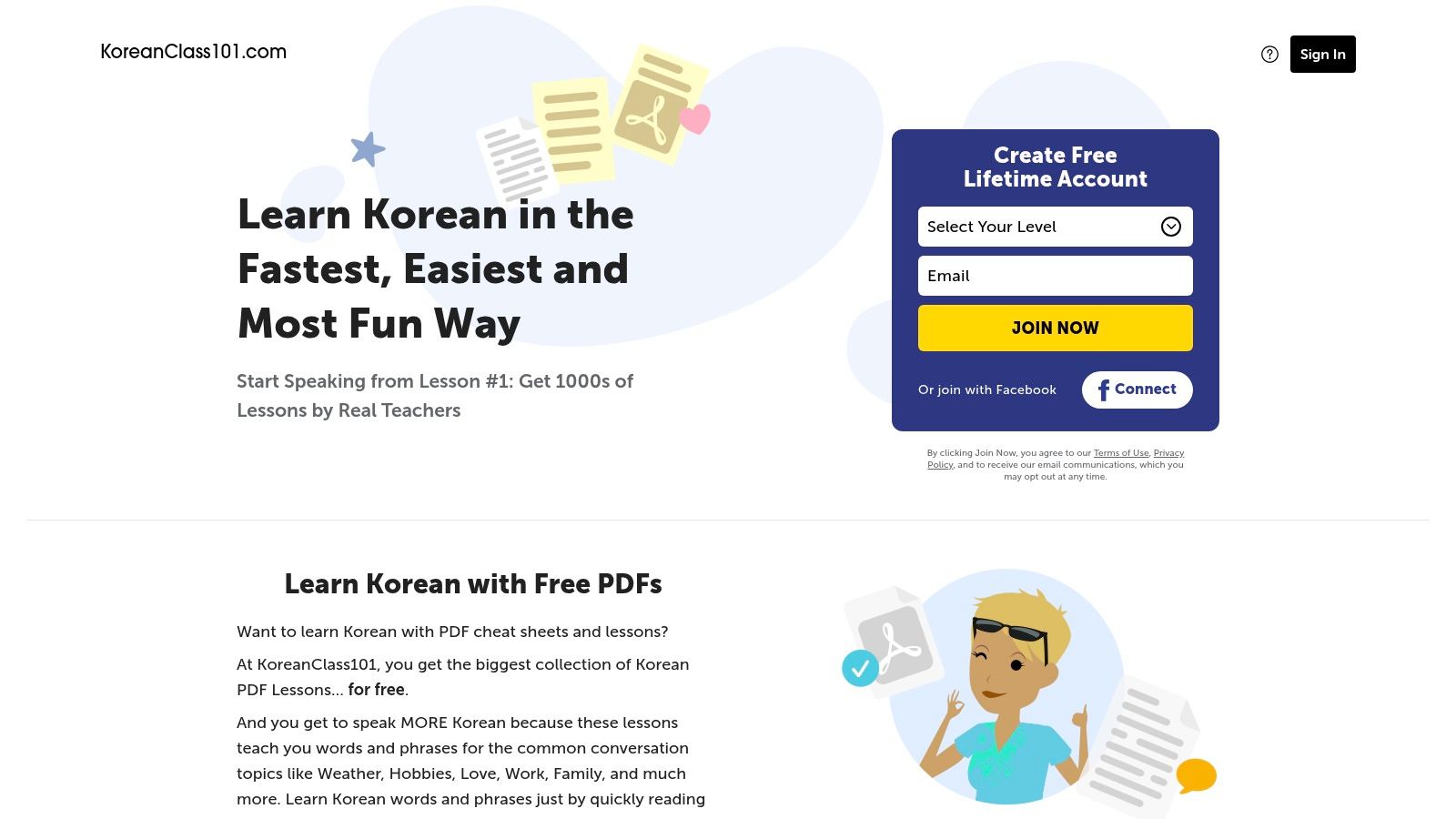 A screenshot of the KoreanClass101 website showing a grid of downloadable PDF cheat sheets with titles like "Numbers," "Family," and "Travel."