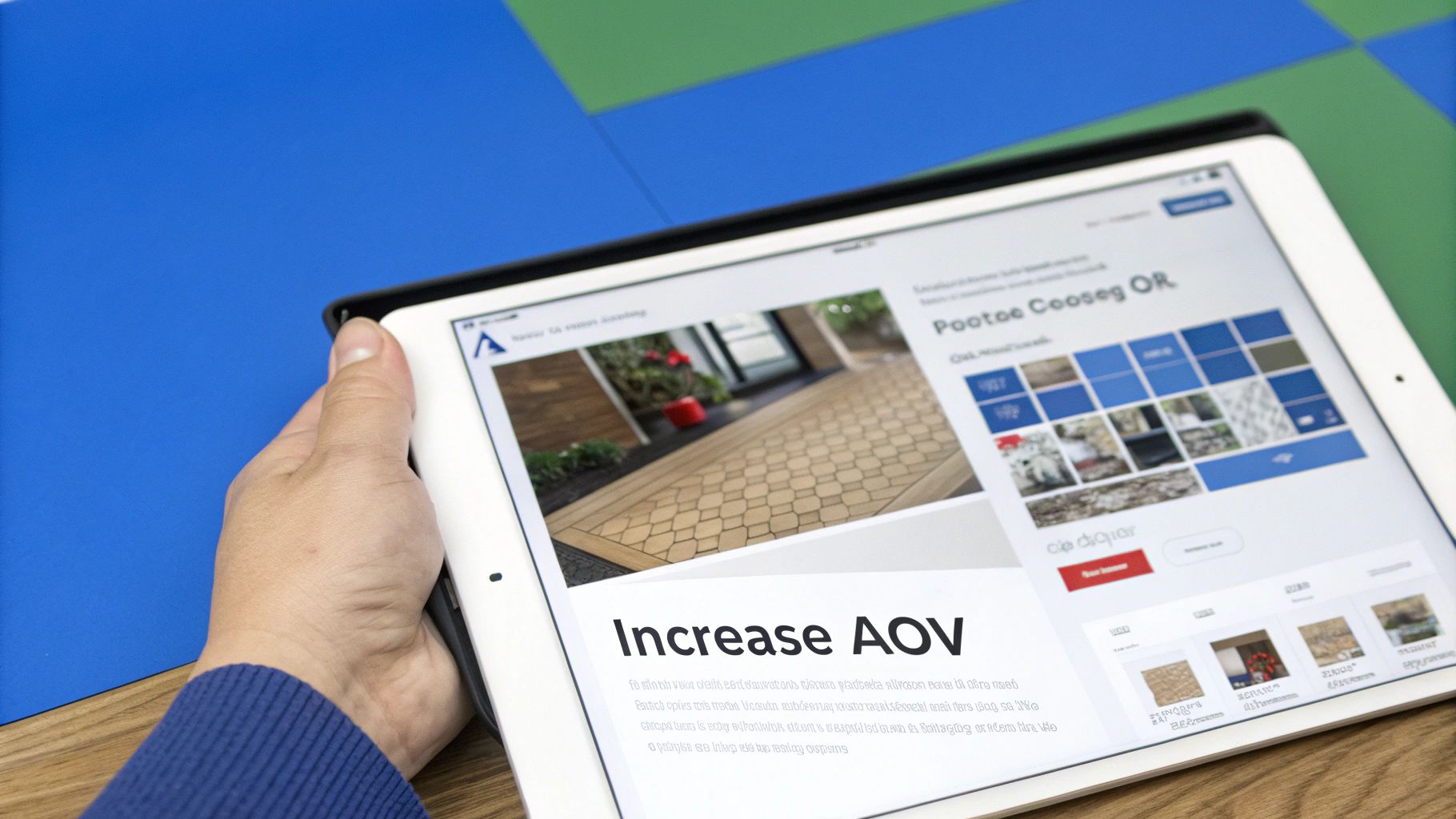 Person holding tablet displaying home improvement design interface with paver options and project visualization