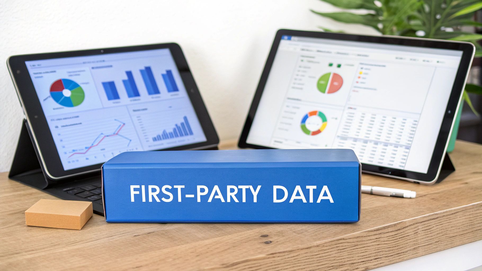 Two tablets display various data charts and graphs, with a prominent box labeled 'FIRST-PARTY DATA' on a desk.