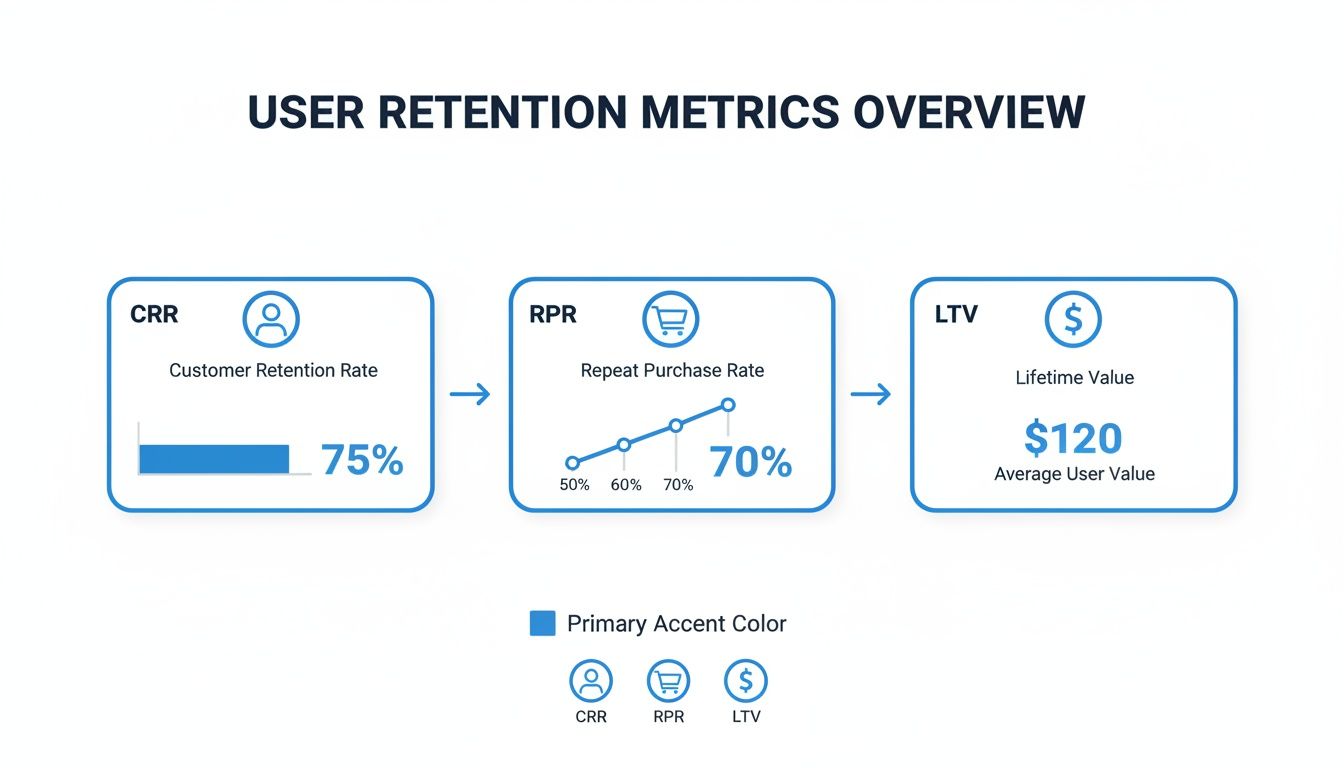 Overview of user retention metrics showing Customer Retention Rate (75%), Repeat Purchase Rate (70%), and Lifetime Value ($120).