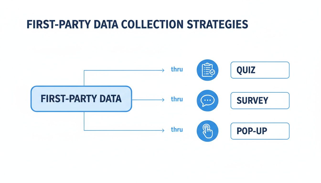 Flowchart illustrating first-party data collection strategies via quizzes, surveys, and pop-ups.