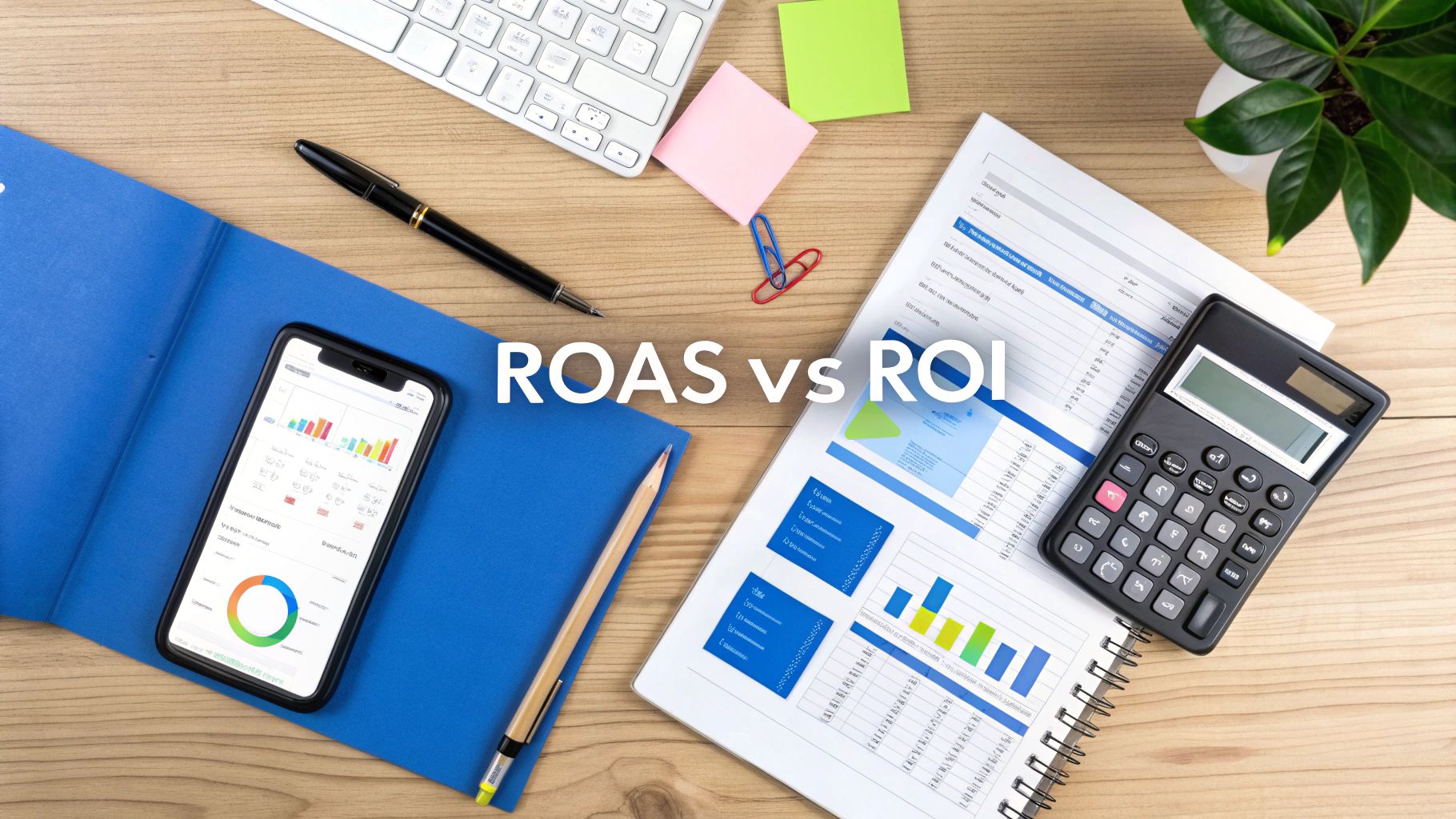 Desk with a smartphone showing charts, financial documents, calculator, and text 'ROAS vs ROI'.