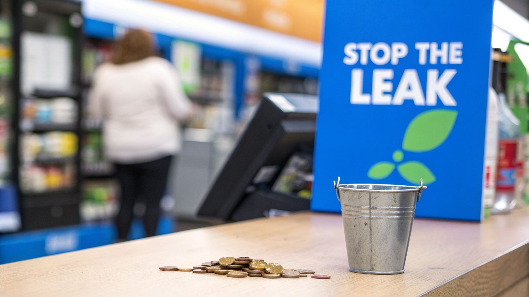 A sign saying "STOP THE LEAK" with coins and a small bucket on a counter in a store.