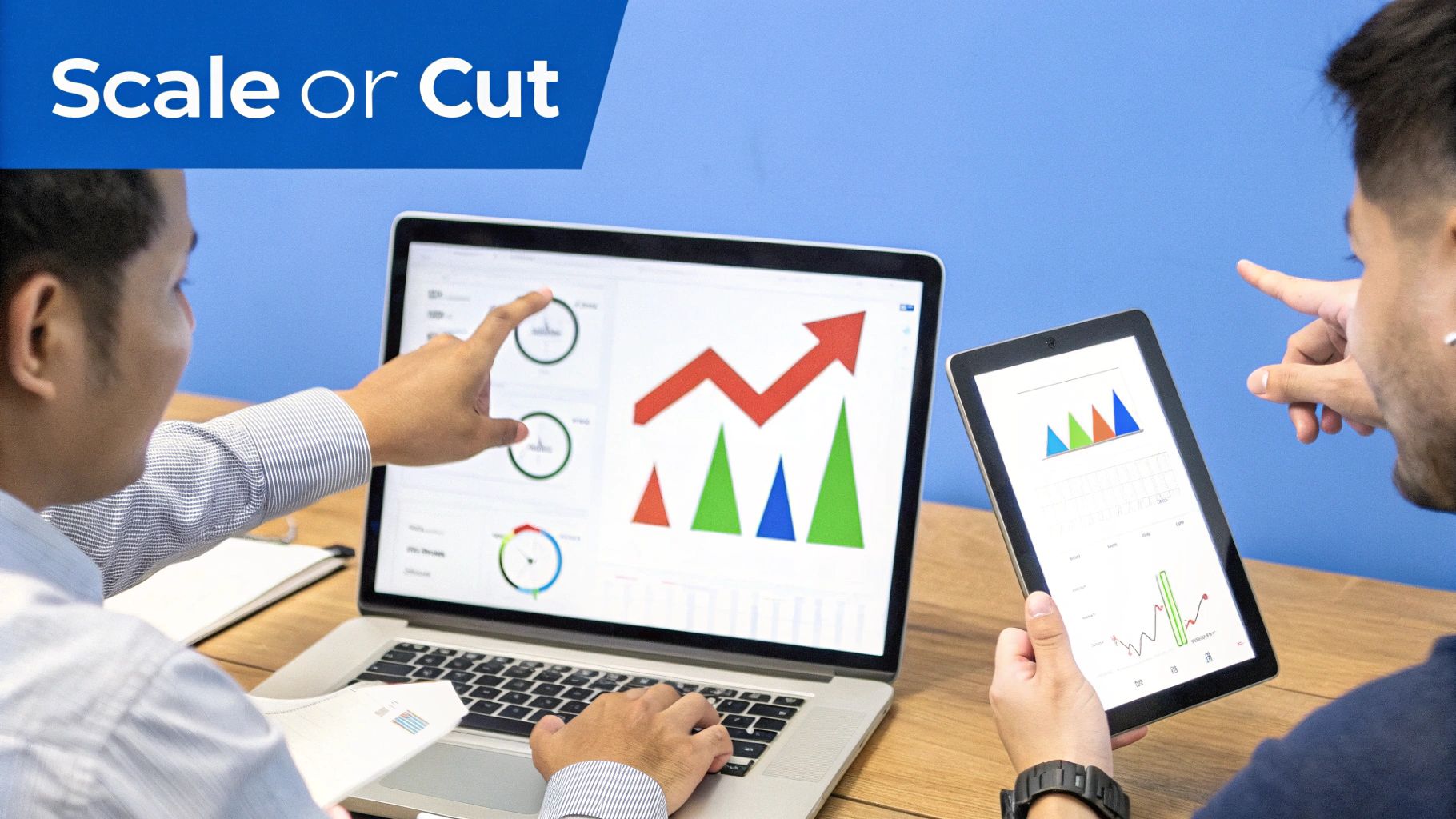Two business professionals analyzing data and growth charts on a laptop and tablet.