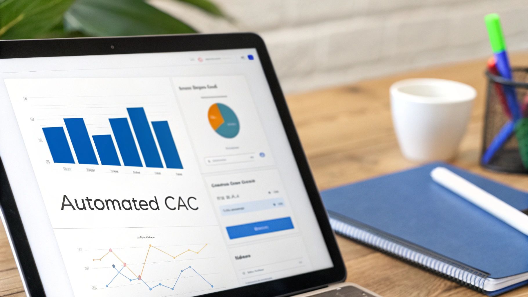 A laptop screen displays business analytics charts for 'Automated CAC' on a wooden desk.