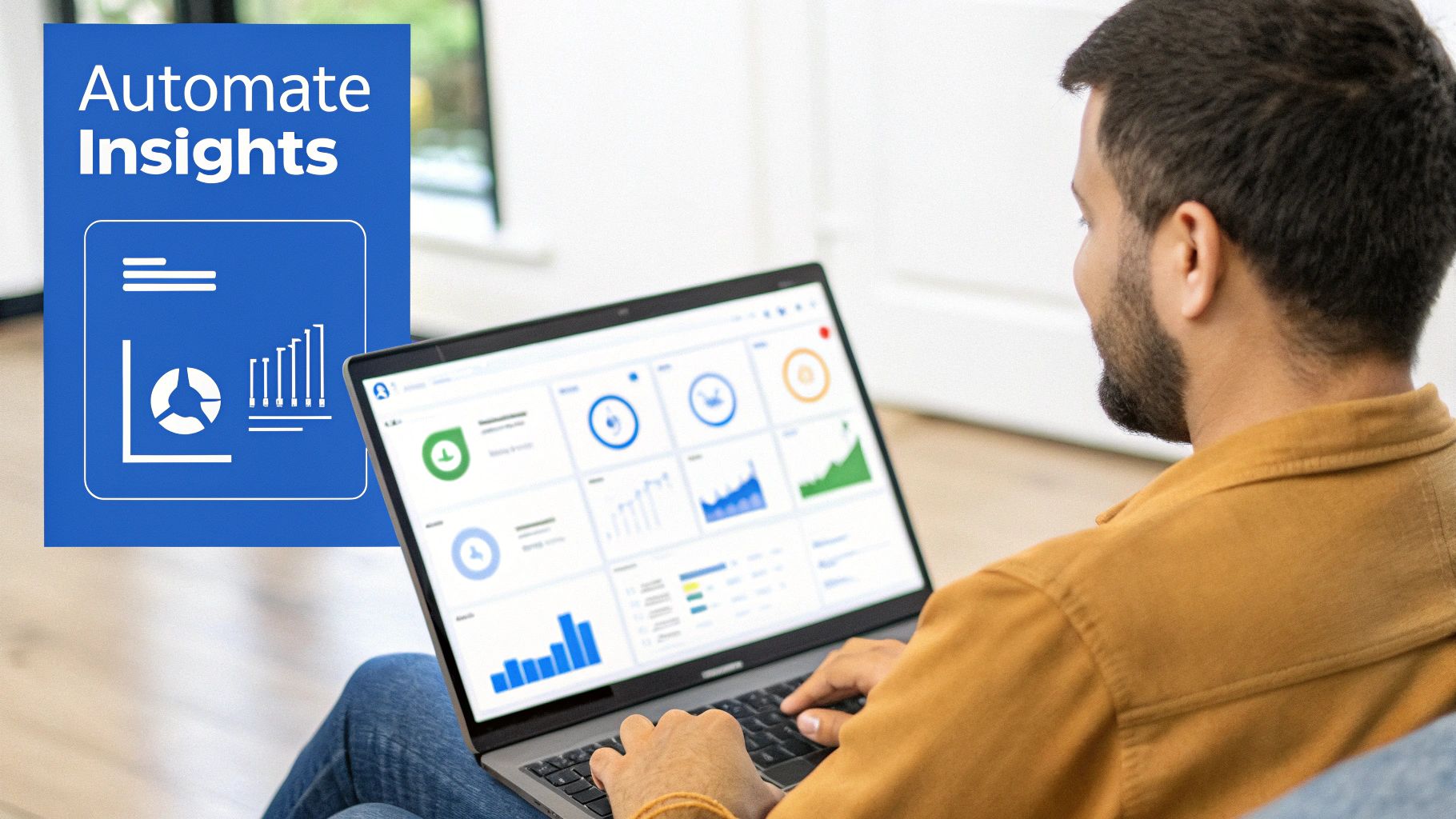 Professional viewing automated business intelligence dashboard with data visualizations and analytics charts on laptop