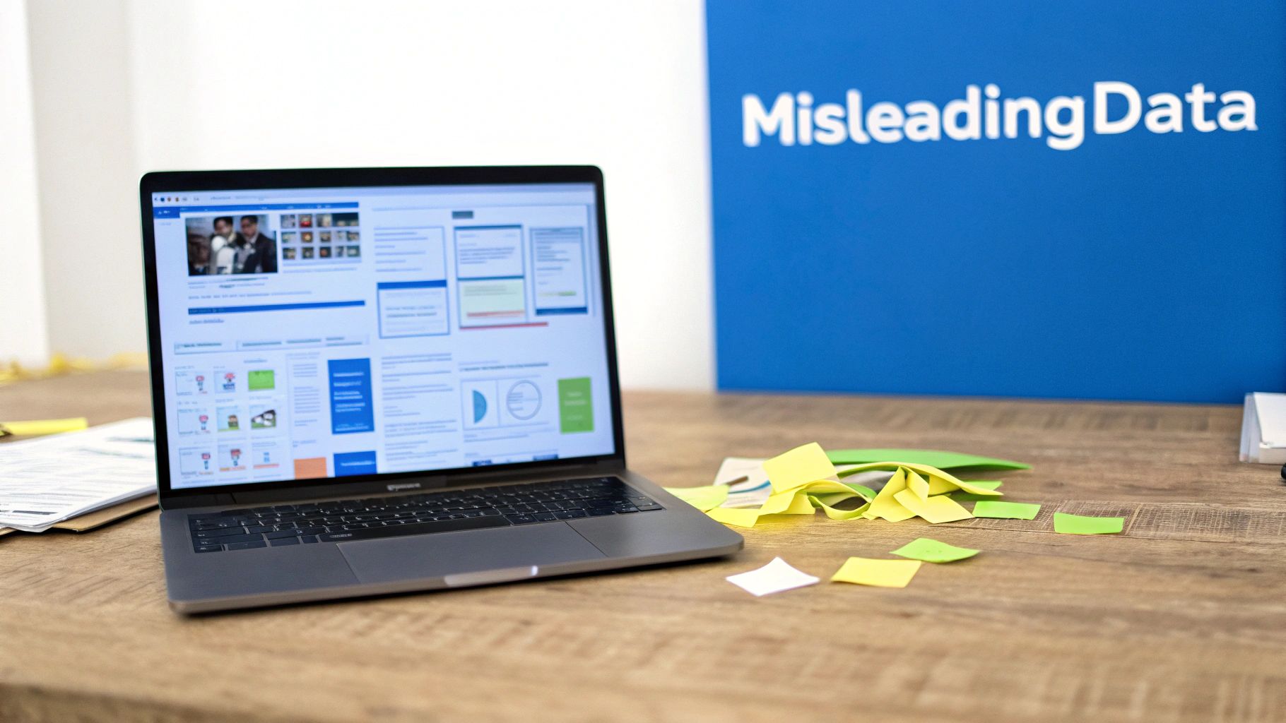 A laptop displaying data visualizations and charts on a wooden desk, with a 'Misleading Data' banner.