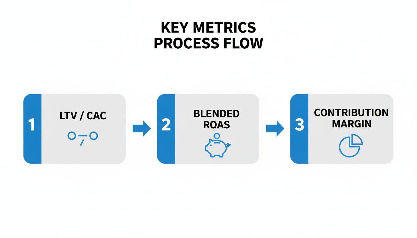A three-step process flow outlining key e-commerce metrics: LTV/CAC, Blended ROAS, and Contribution Margin.