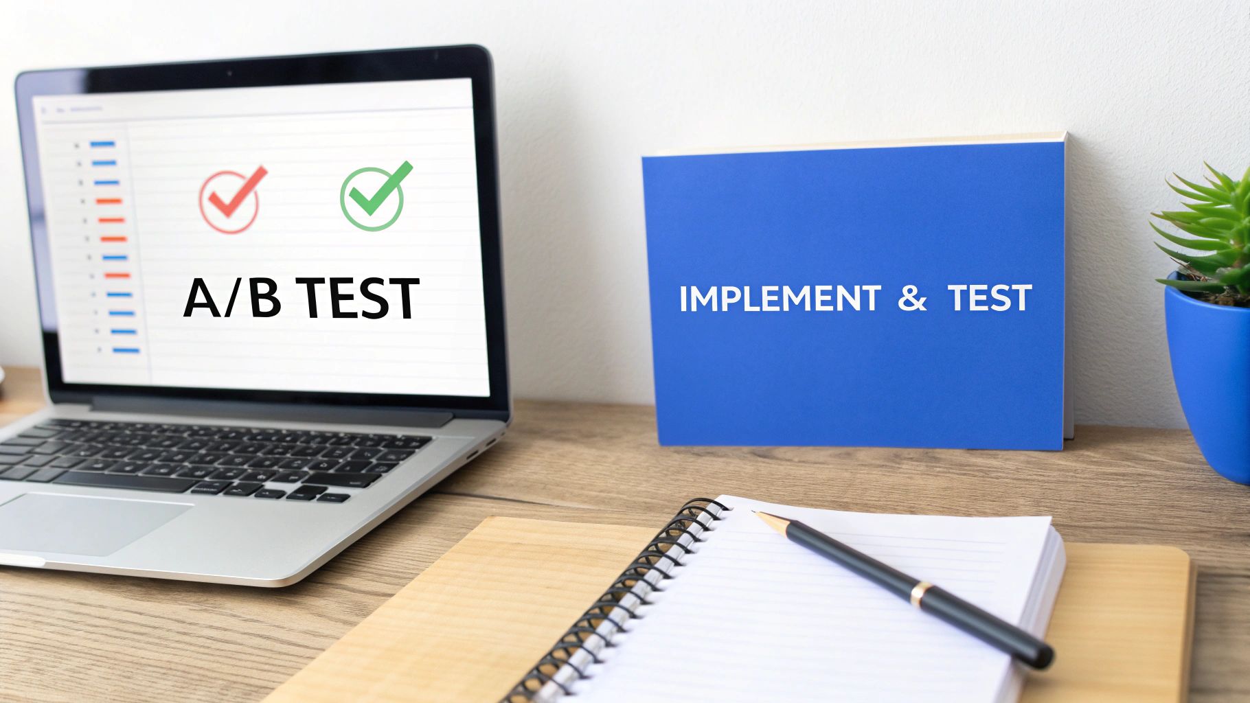 A laptop displays A/B TEST with a red X and green checkmark next to a notebook with IMPLEMENT & TEST.