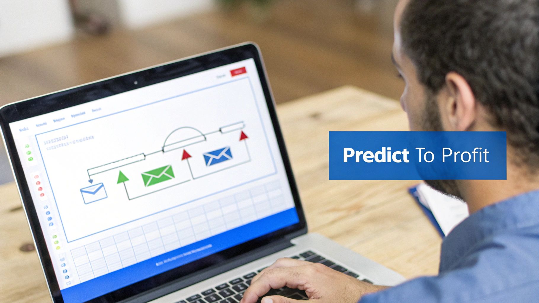 Business professional analyzing customer retention workflow diagram on laptop screen with predict to profit overlay