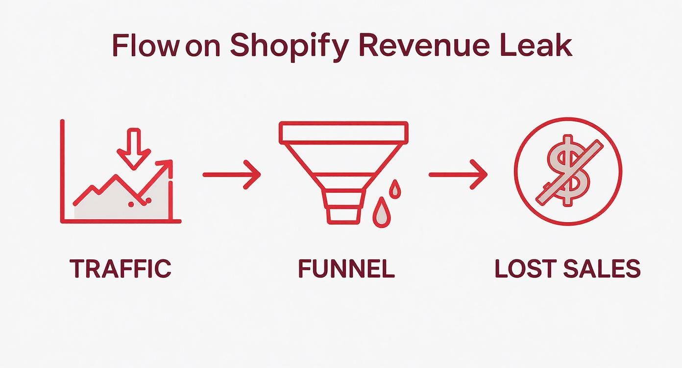 Diagram illustrating Shopify revenue leak: traffic flows into a leaking funnel, resulting in lost sales.