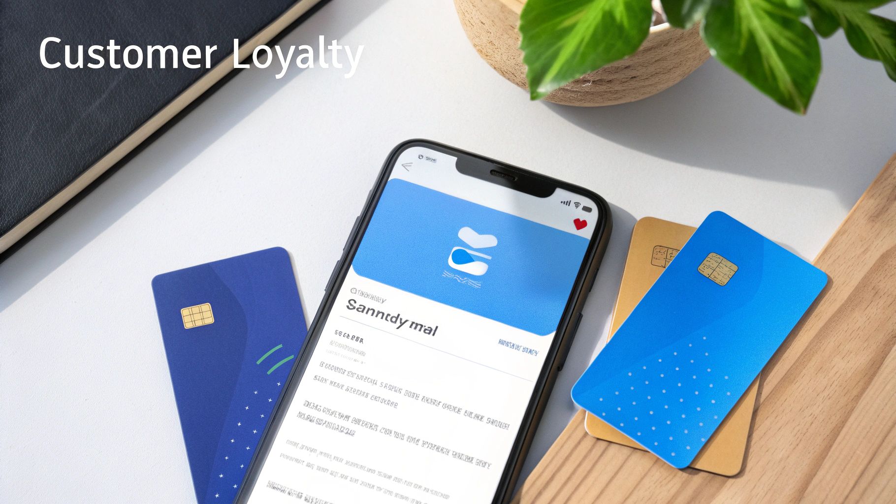 A smartphone displaying a loyalty app with multiple credit cards and text 'Customer Loyalty' on a desk.