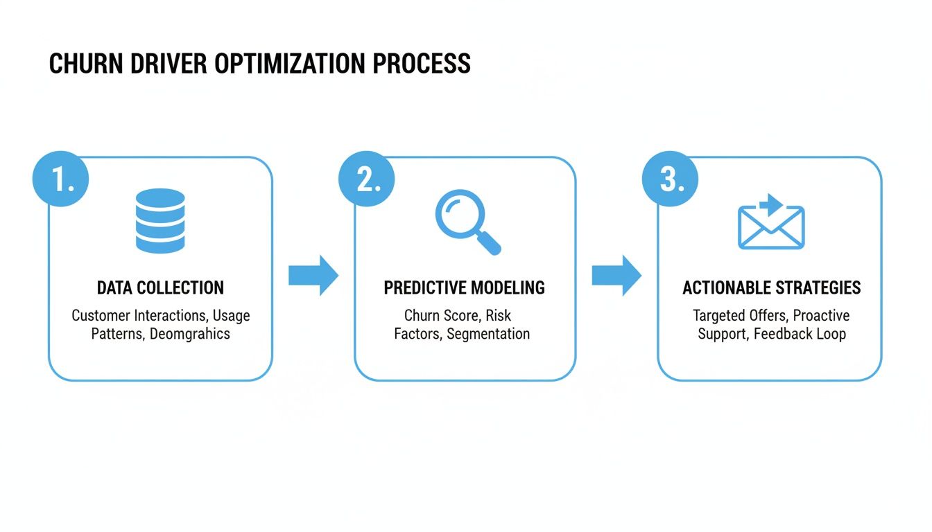 A three-step diagram outlining the churn driver optimization process for customer retention.