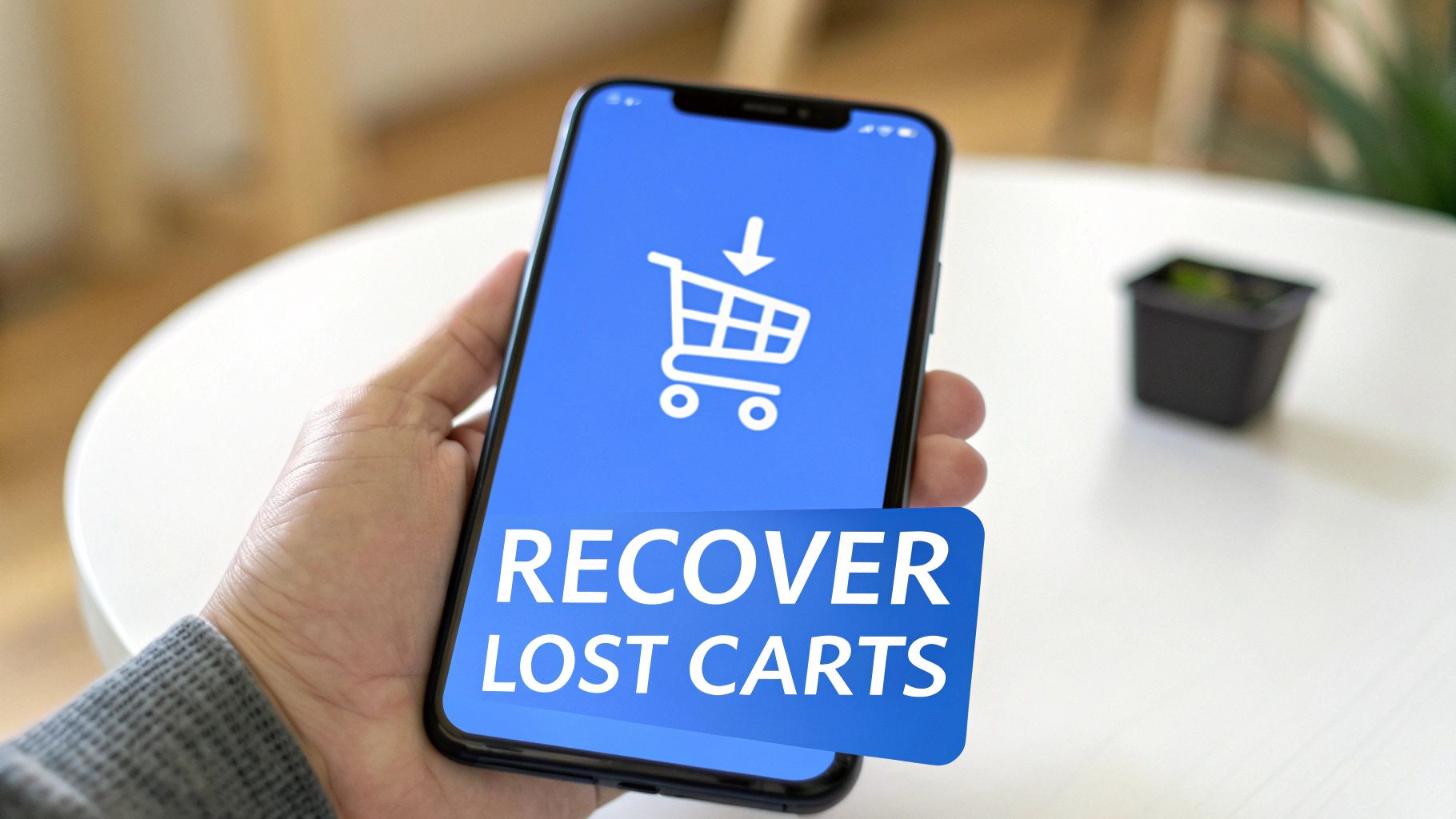 A hand holds a smartphone displaying 'RECOVER LOST CARTS' with a shopping cart icon on a blue screen.