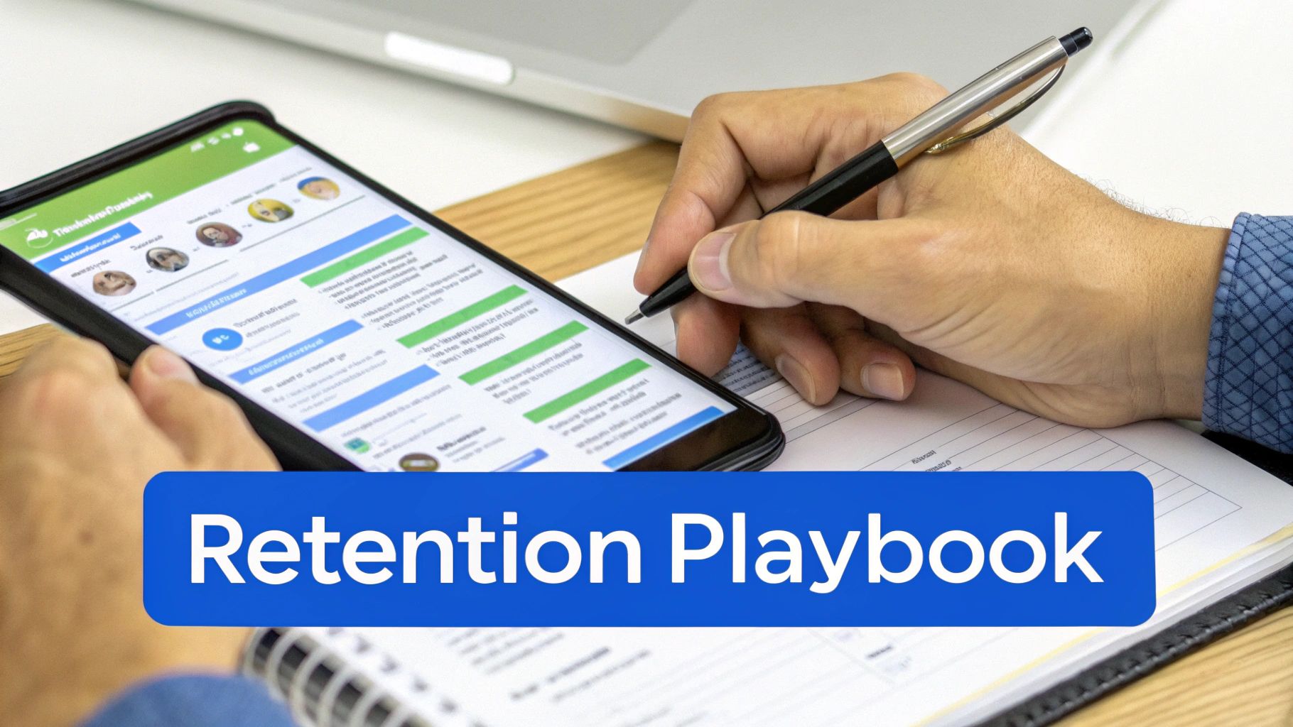 Close-up of a person engaging with a 'Retention Playbook' on a smartphone and taking notes.
