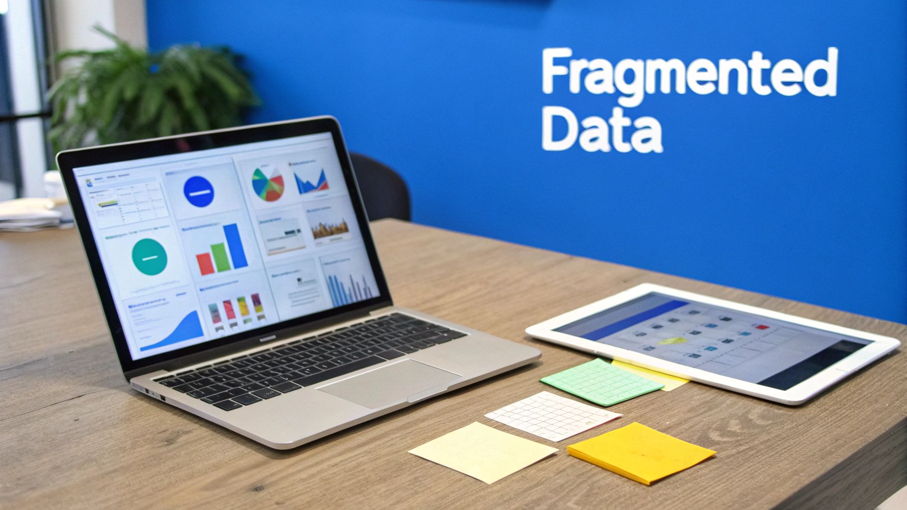 A laptop displaying data dashboards, a tablet, and sticky notes on a wooden desk with "Fragmented Data" on a blue wall.