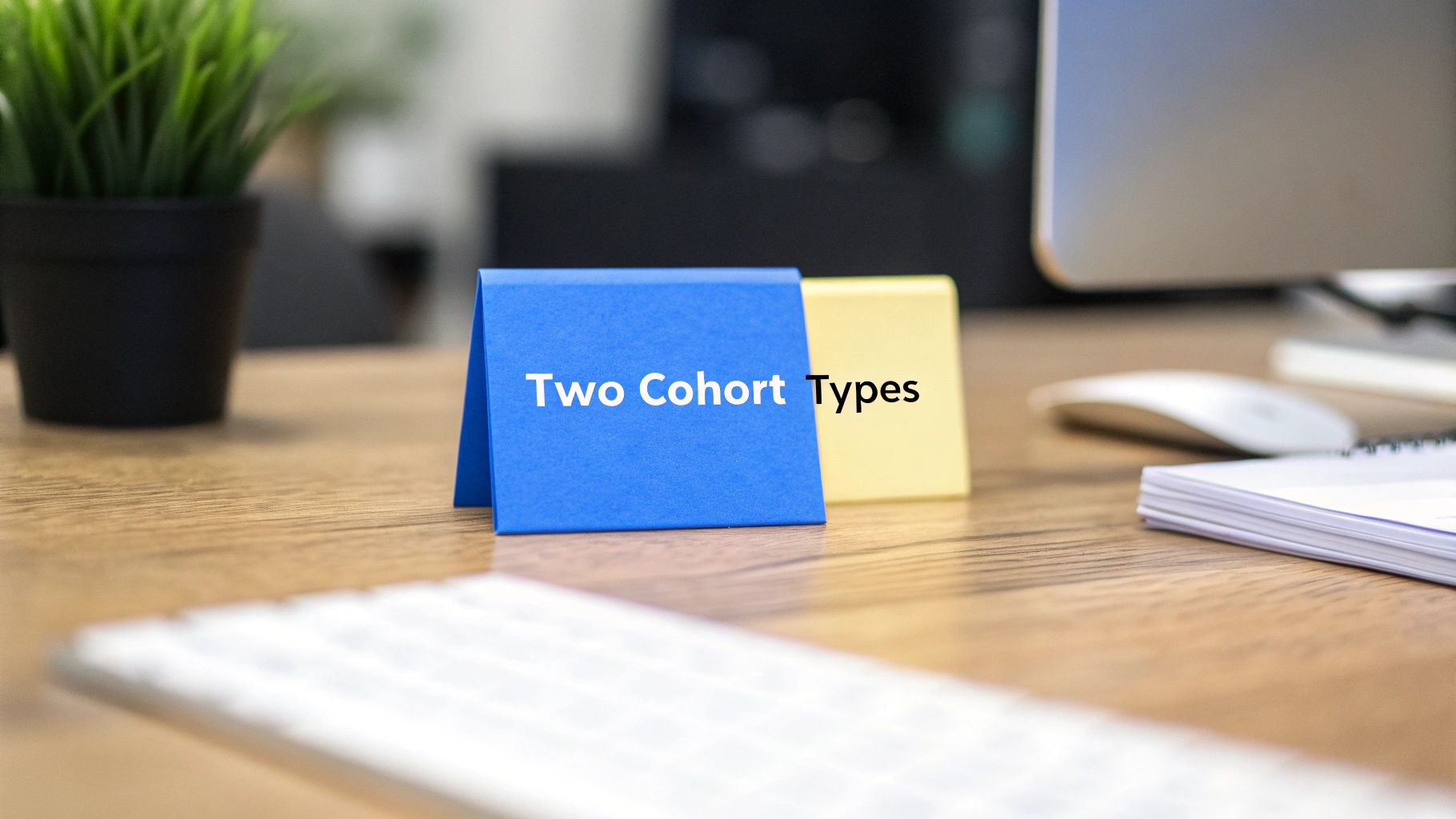 Desk setup with two folded cards, a blue one saying 'Two Cohort Types' and a yellow one, next to a plant and computer.