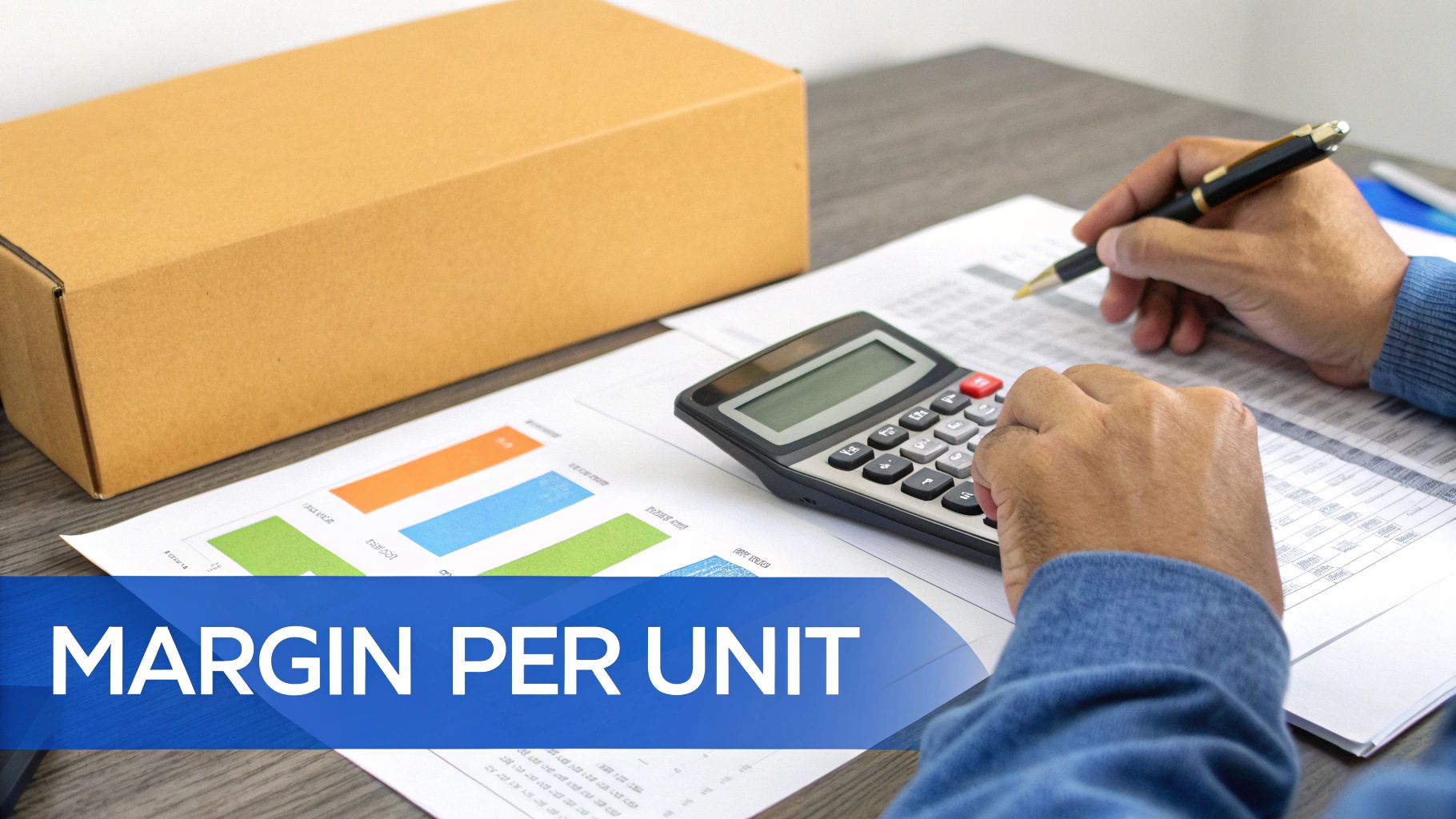 A person calculates margin per unit using a calculator and pen, analyzing financial documents with charts.