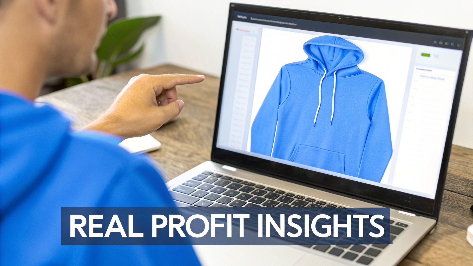 A person in a blue shirt pointing at a blue hoodie displayed on a laptop screen, reviewing product details.