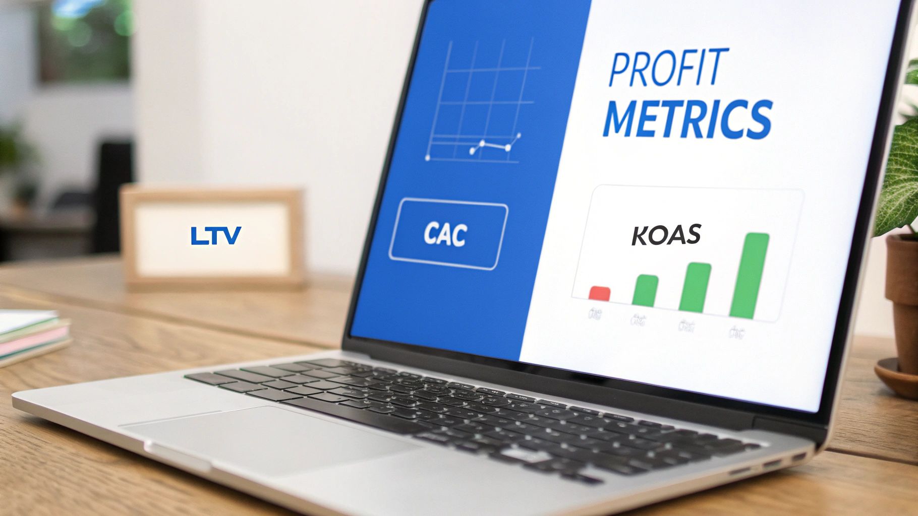 A laptop showing 'PROFIT METRICS' with charts for CAC and KOAS on a wooden desk.