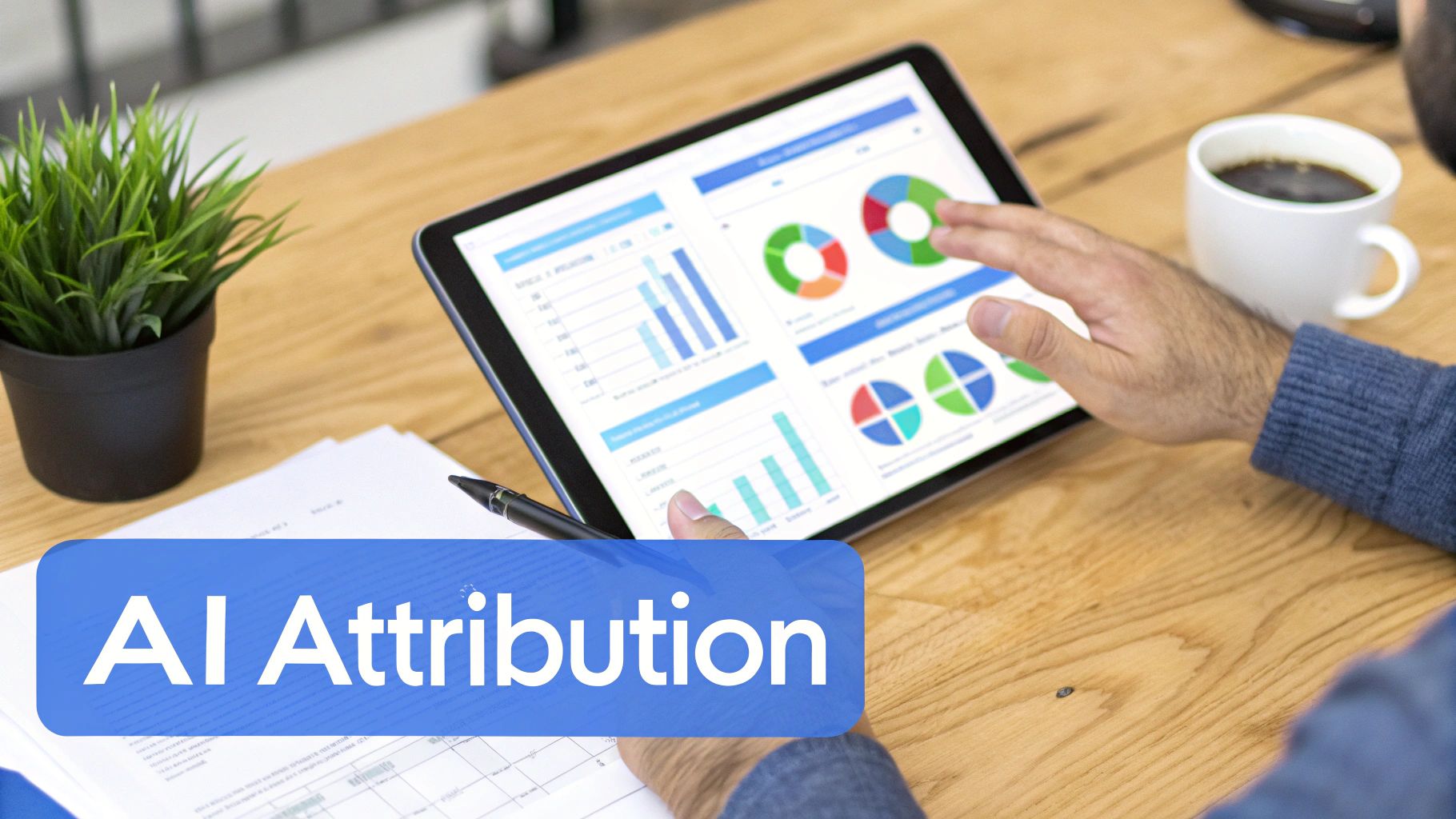 A person interacts with a tablet showing data visualizations, graphs, and charts on a desk with 'AI Attribution' overlay.