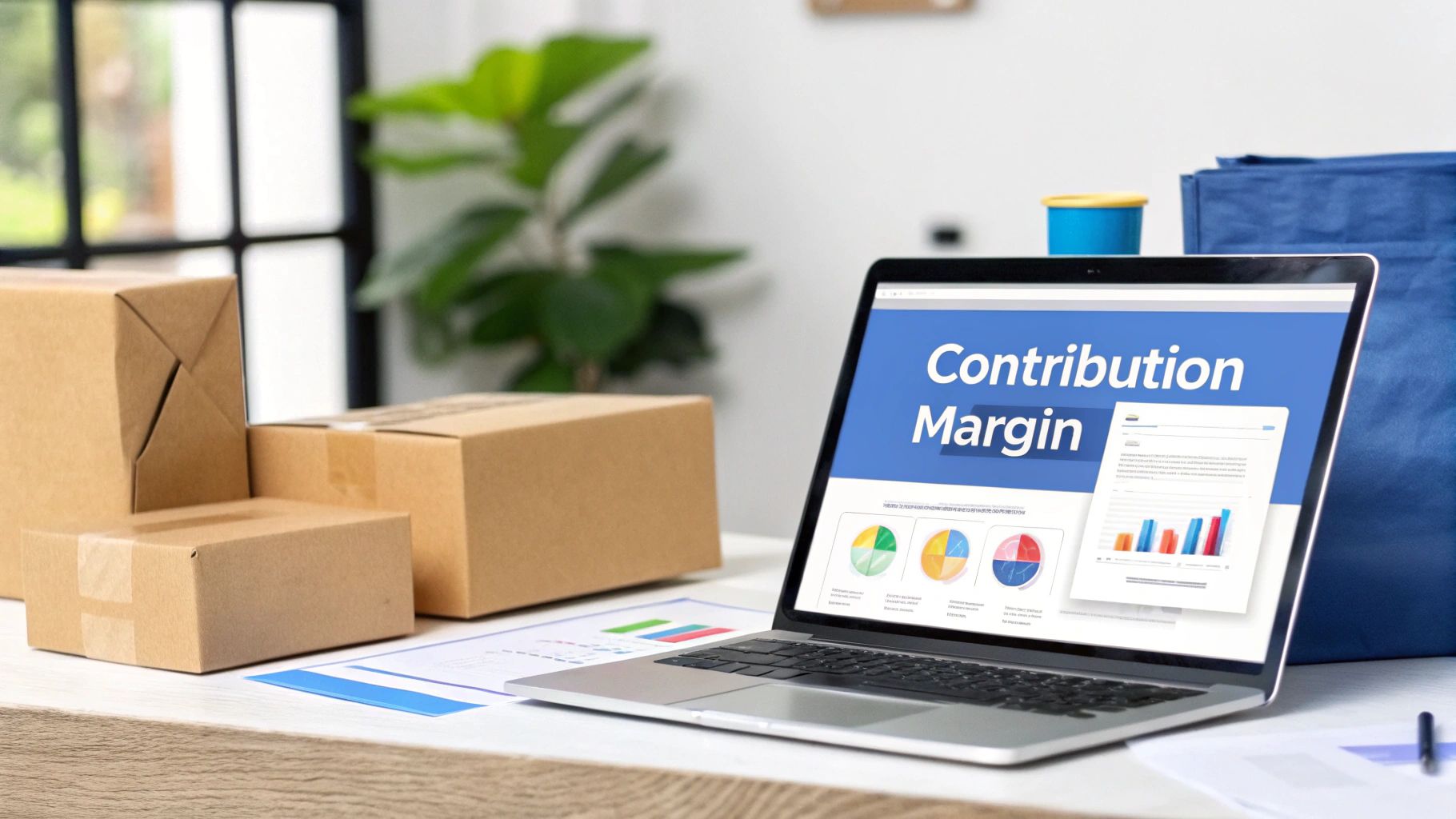 A laptop displaying 'Contribution Margin' analysis with charts, surrounded by shipping boxes on a desk.