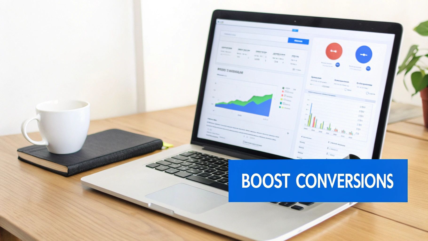 A laptop displaying data analytics and conversion metrics on a wooden desk with a coffee mug and notebook.