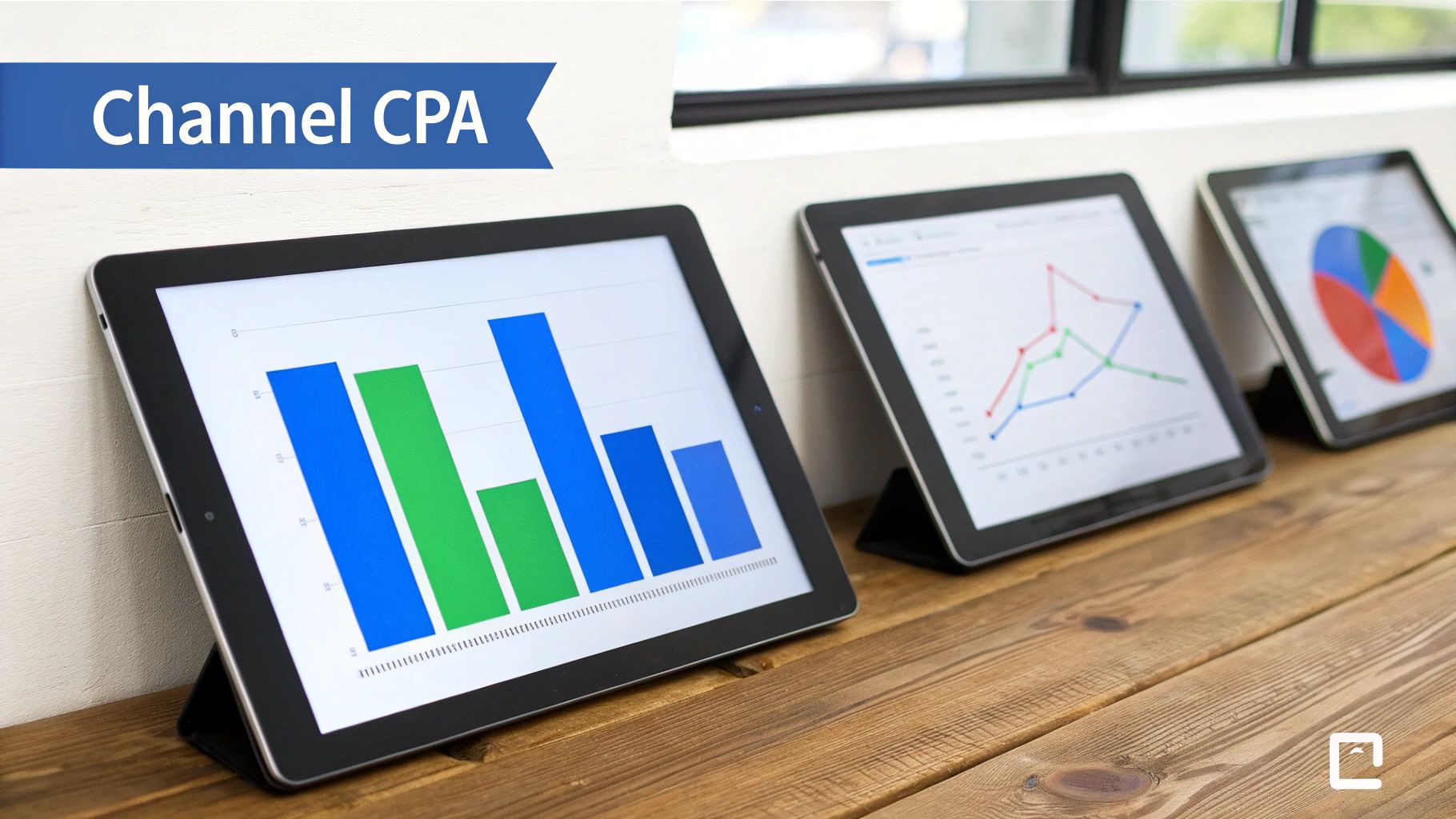 Three tablets display business analytics charts: bar, line, and pie graphs, with a 'Channel CPA' banner.