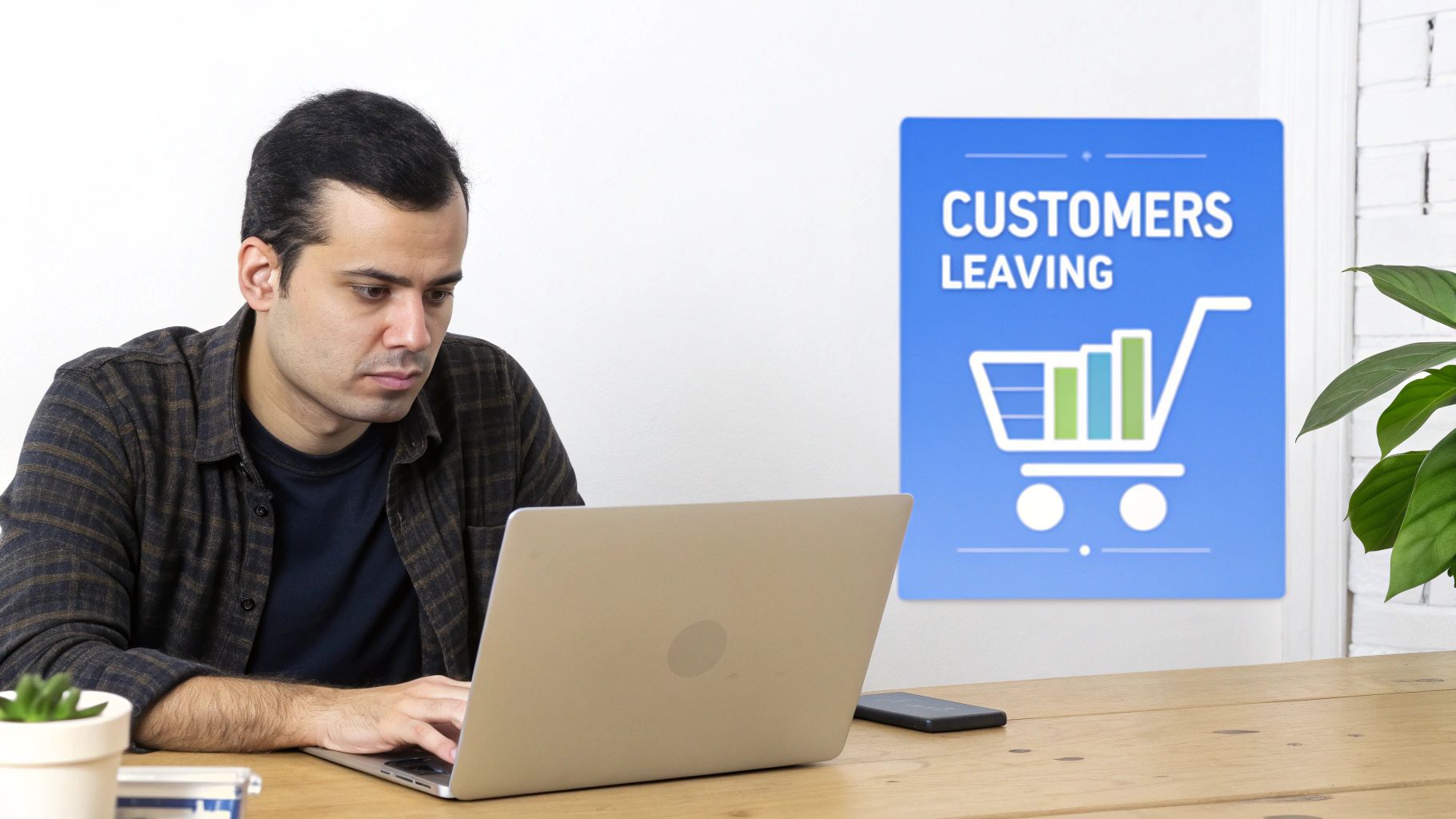 Business professional analyzing customer churn data on laptop with shopping cart graph showing declining retention
