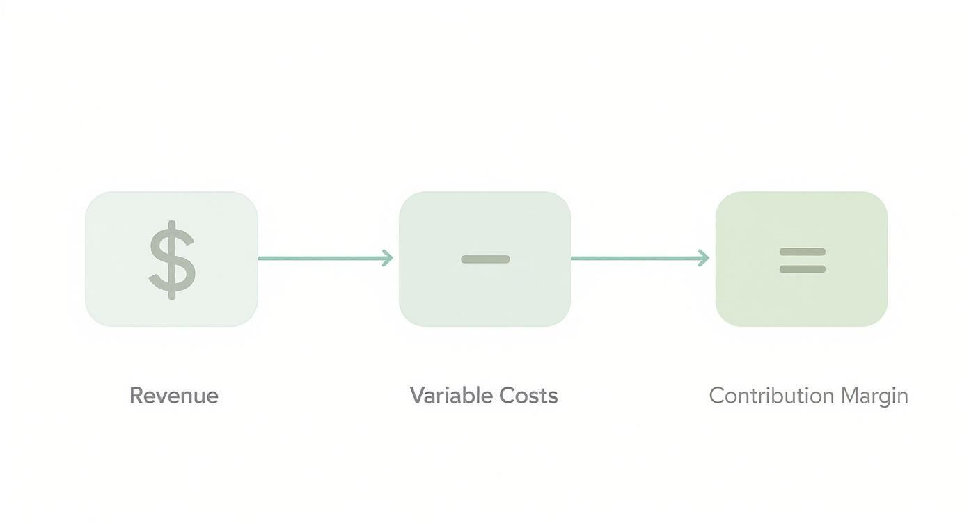 Diagram illustrating the calculation of Contribution Margin: Revenue minus Variable Costs equals Contribution Margin.
