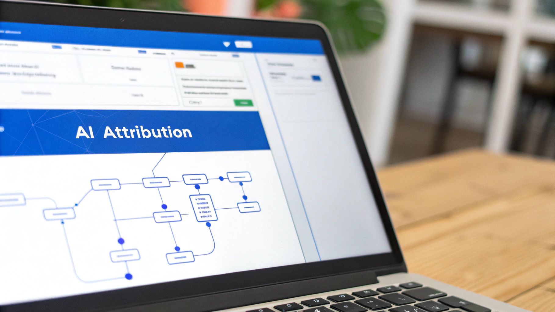 Close-up of a laptop screen displaying a software interface with "AI Attribution" and a workflow diagram.