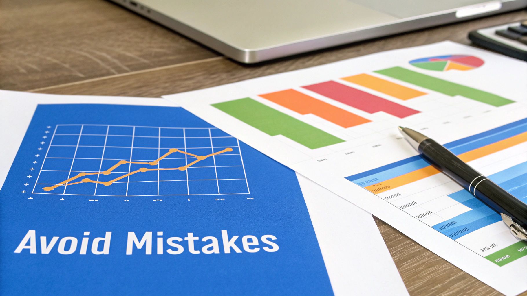 Business documents with colorful charts, a pen, and a laptop on a wooden desk, emphasizing 'Avoid Mistakes'.