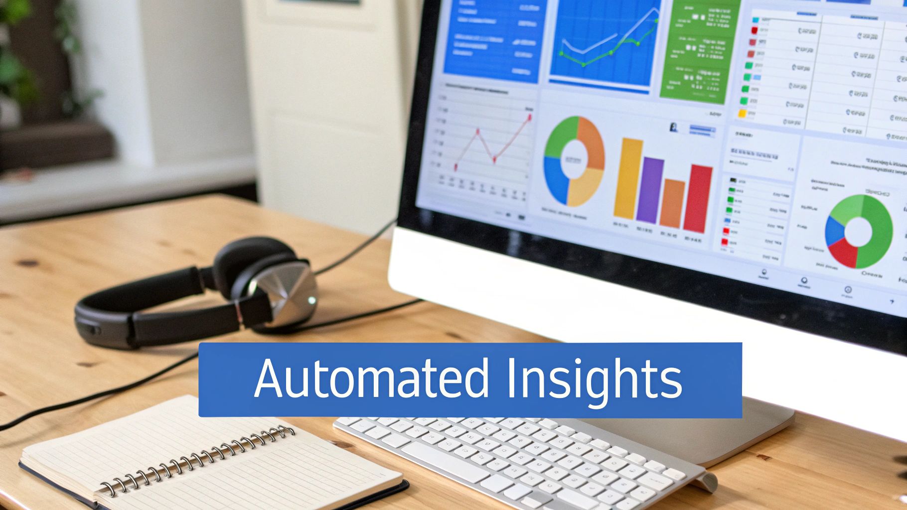 A modern workspace featuring a computer screen displaying data insights, with headphones and a notebook.