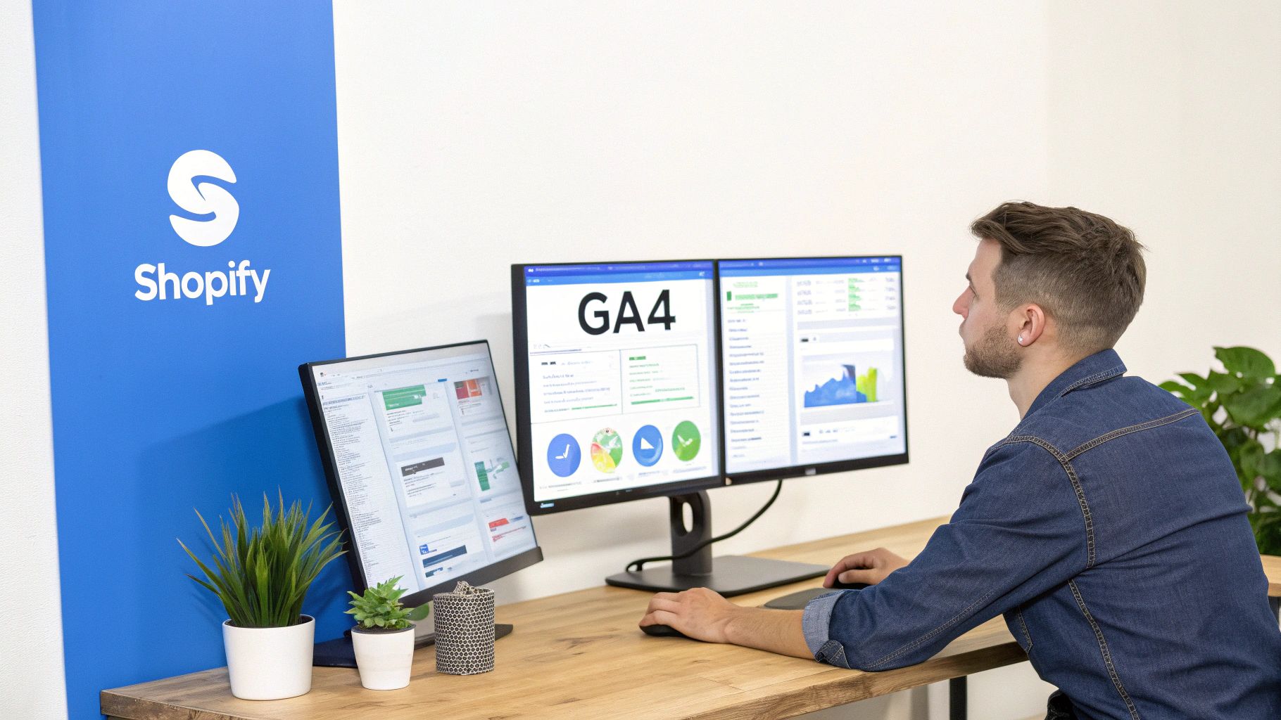 Man works on a desktop with dual monitors displaying GA4 web analytics data and charts, next to a Shopify banner.