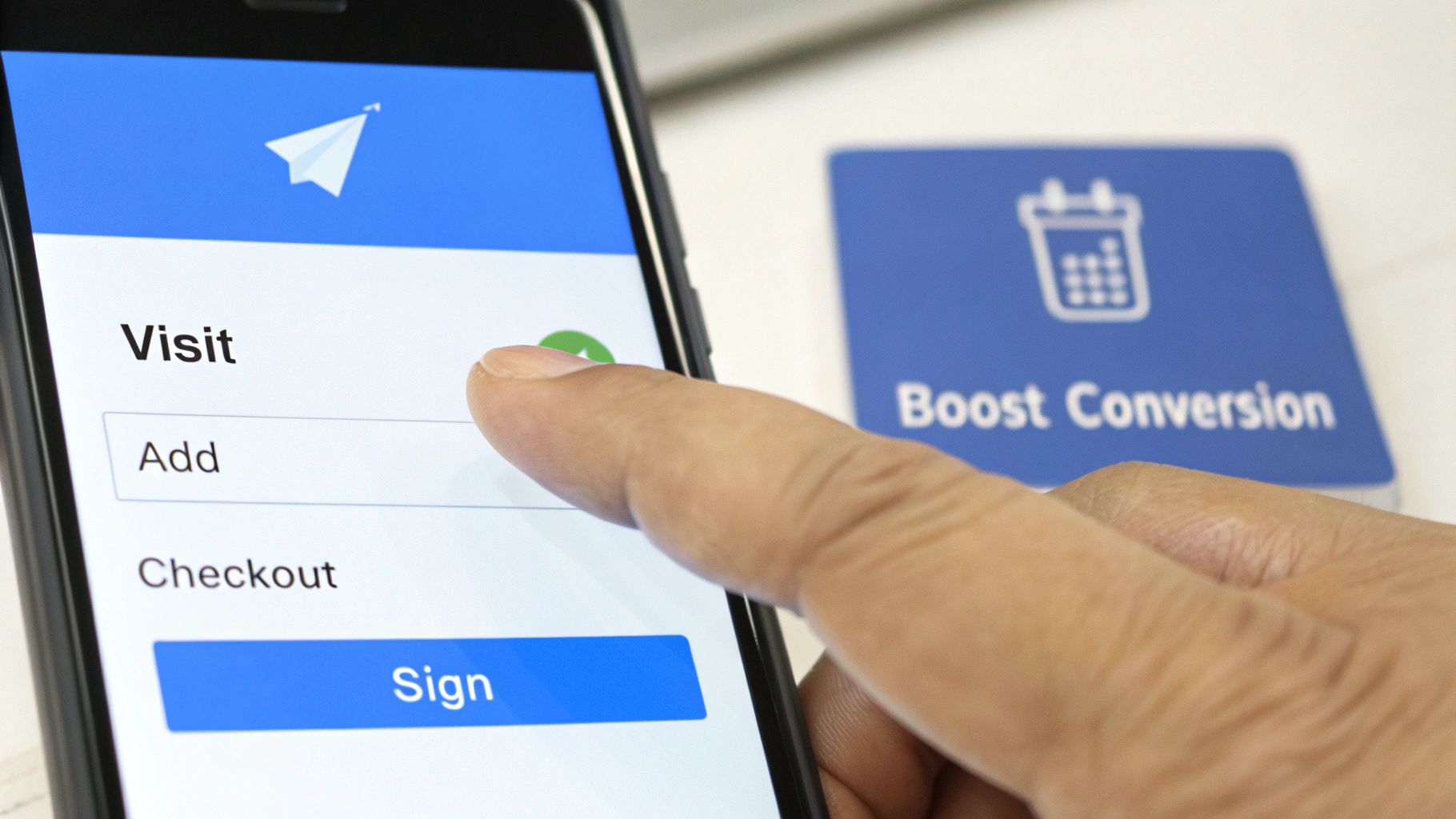 A user's finger selects an 'Add' option on a mobile e-commerce application for boosting conversion.