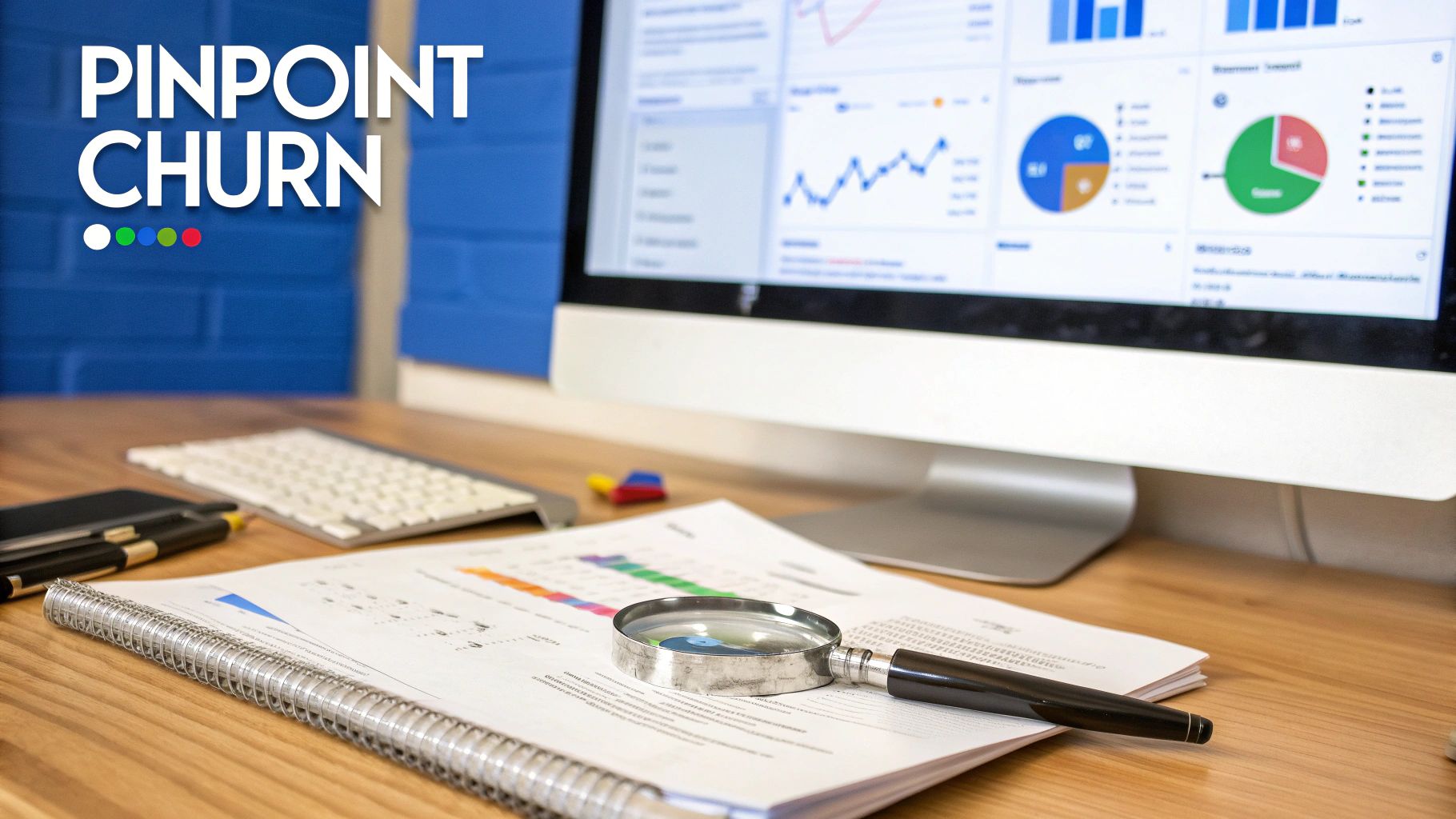 Desk with computer displaying data analytics, magnifying glass on reports, and 'PINPOINT CHURN' text.