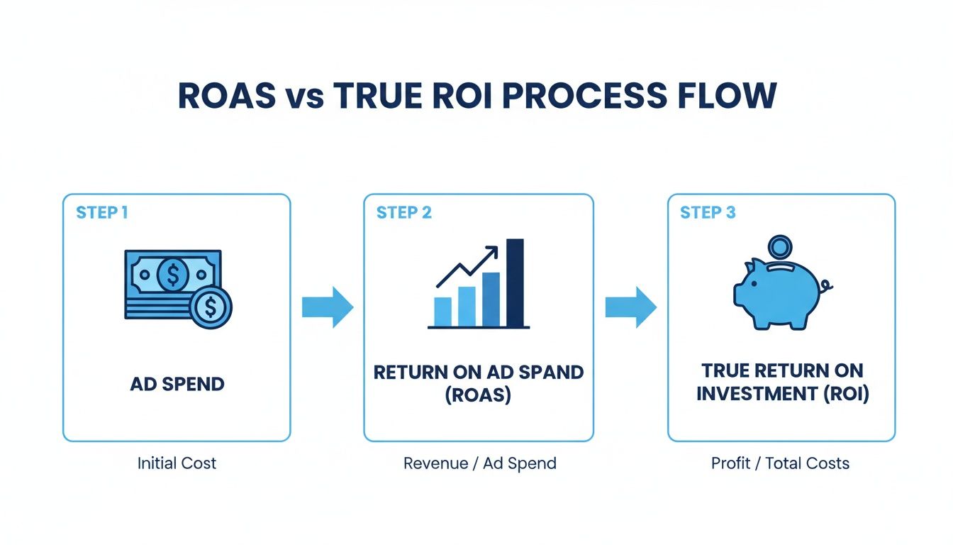 Process flow diagram comparing ROAS and True ROI, from ad spend to profit.