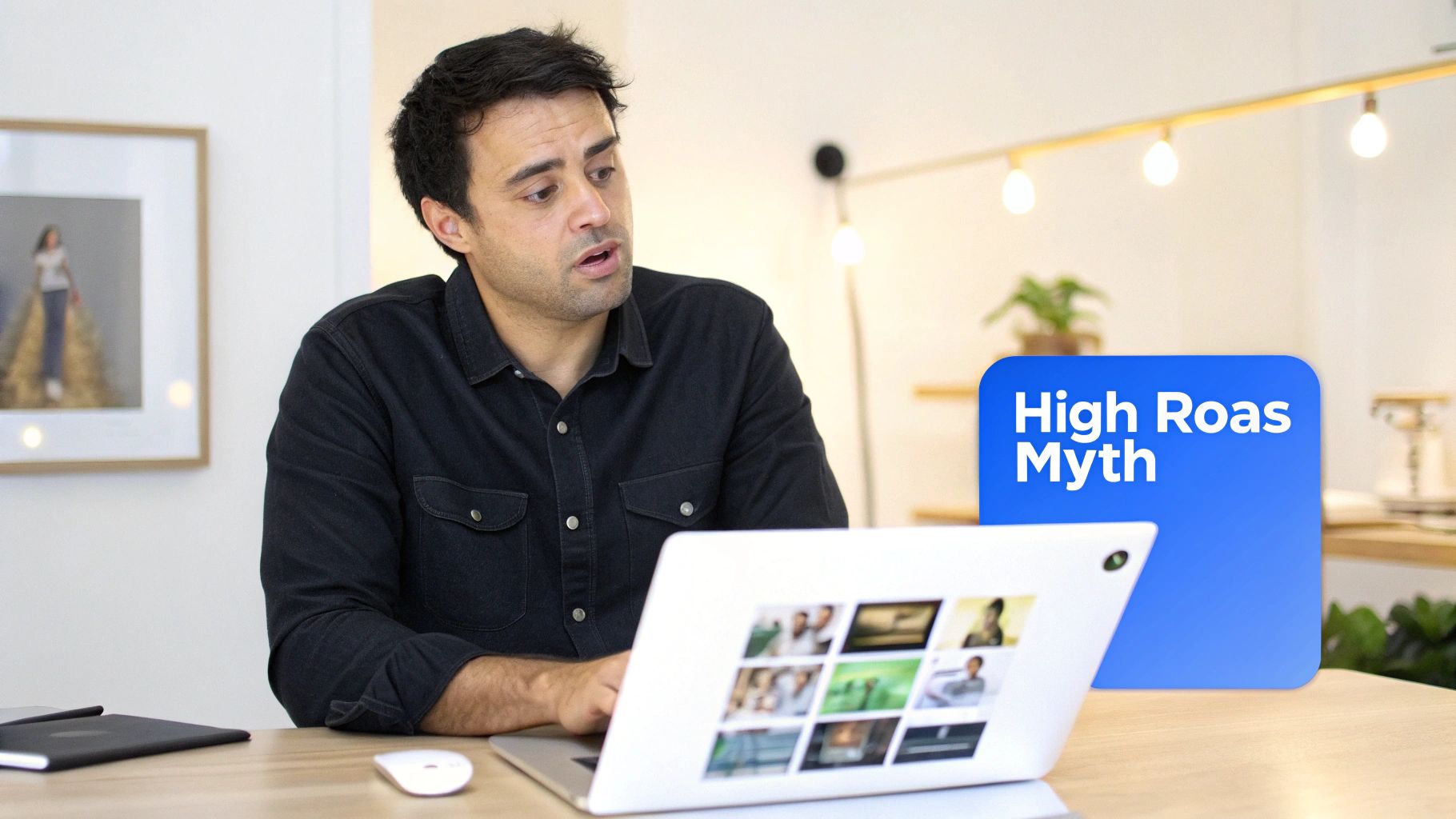 A man at a desk, looking at a laptop showing images, with a 'High Roas Myth' graphic on screen.
