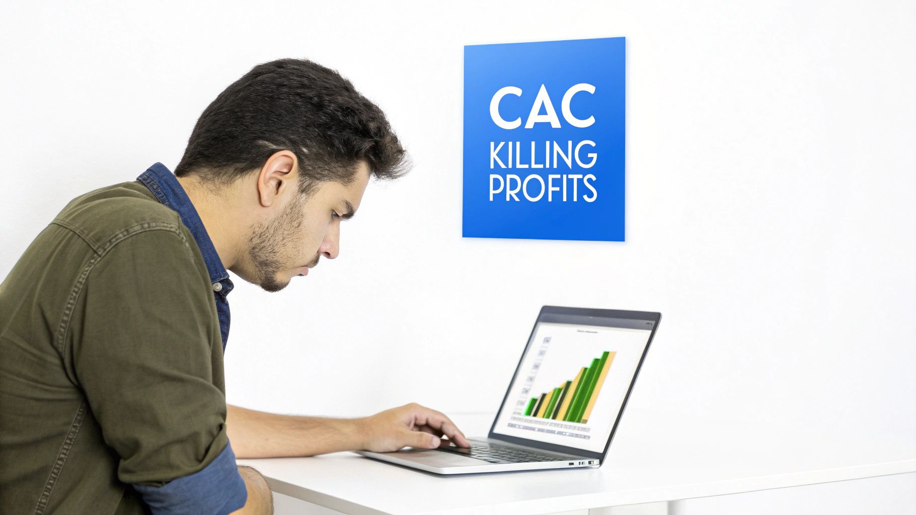 A man intensely looks at a laptop displaying a bar chart, with a 'CAC KILLING PROFITS' sign on the wall.