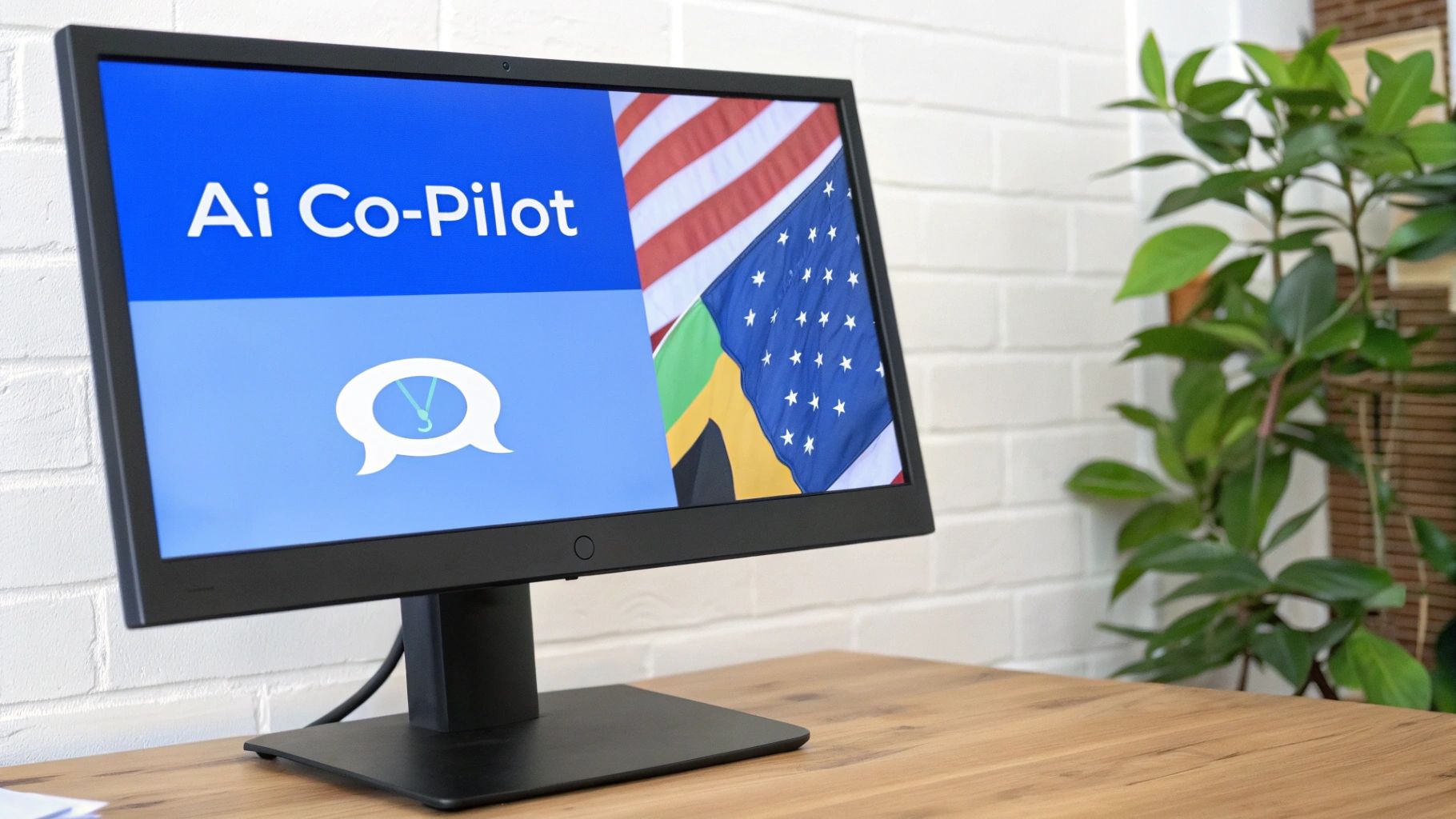 A computer monitor displaying 'Ai Co-Pilot' text and flags, on a wooden desk.