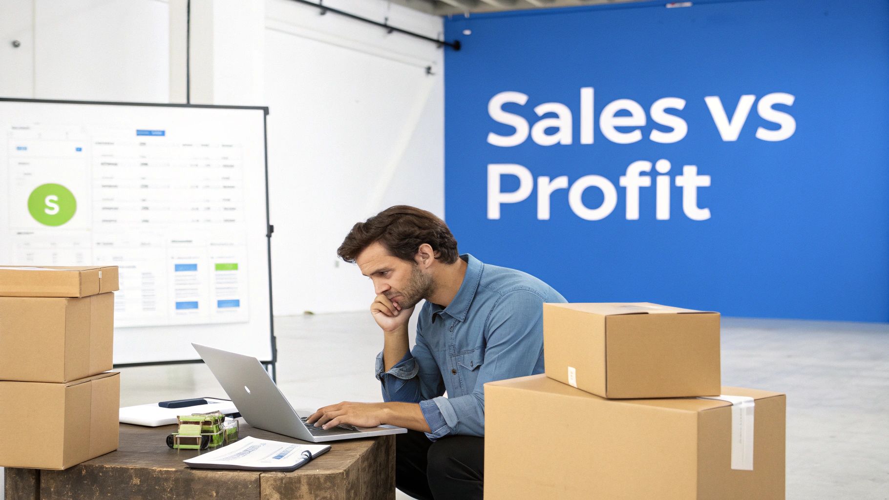 A man works on a laptop surrounded by cardboard boxes in an office with a 'Sales vs Profit' sign.